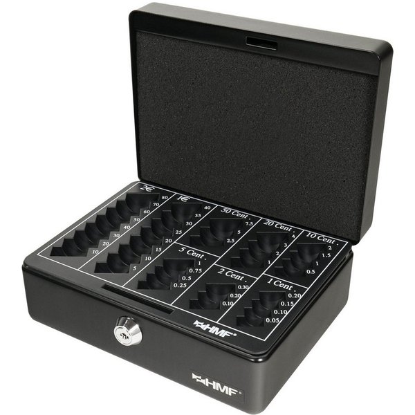 HMF Geldkassette Abschließbare Bargeldkasse mit Euro-Münzbrett, Geldbox mit Schlüssel, 20 x 16 x 9 cm, schwarz