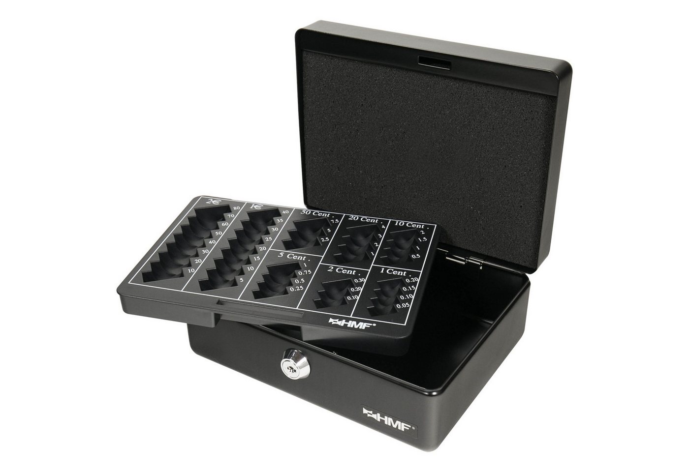 HMF Geldkassette Abschließbare Bargeldkasse mit Euro-Münzbrett, Geldbox mit Schlüssel, 20 x 16 x 9 cm, schwarz – Bild 3 von 5