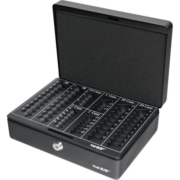 HMF Geldkassette Abschließbare Bargeldkasse mit Euro-Münzzählbrett, hochwertige Geldbox mit Schlüssel, 25 x 18 x 9 cm, schwarz