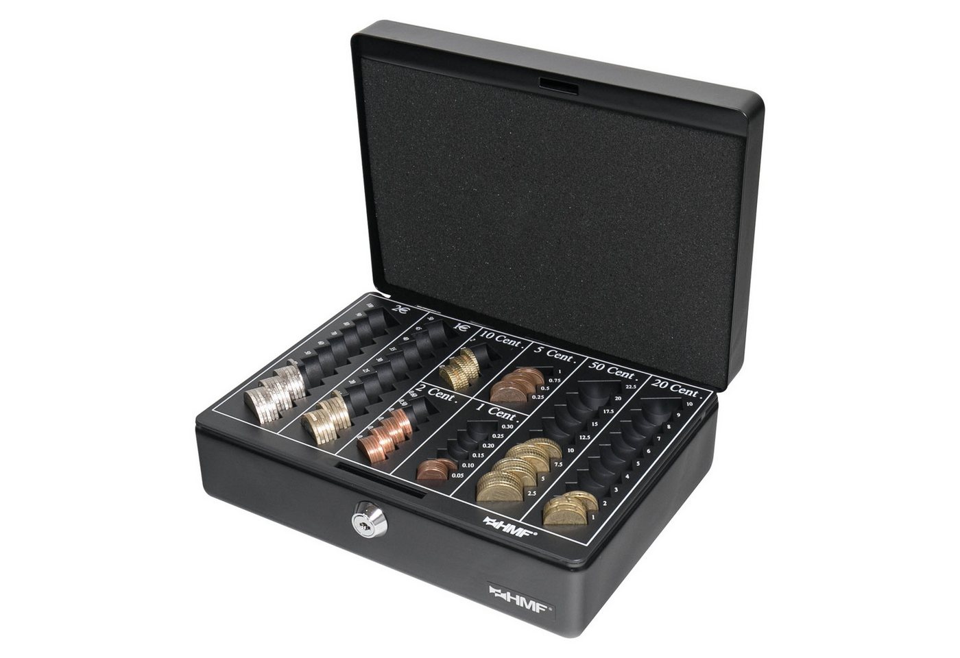 HMF Geldkassette Abschließbare Bargeldkasse mit Euro-Münzzählbrett, hochwertige Geldbox mit Schlüssel, 25 x 18 x 9 cm, schwarz – Bild 2 von 5