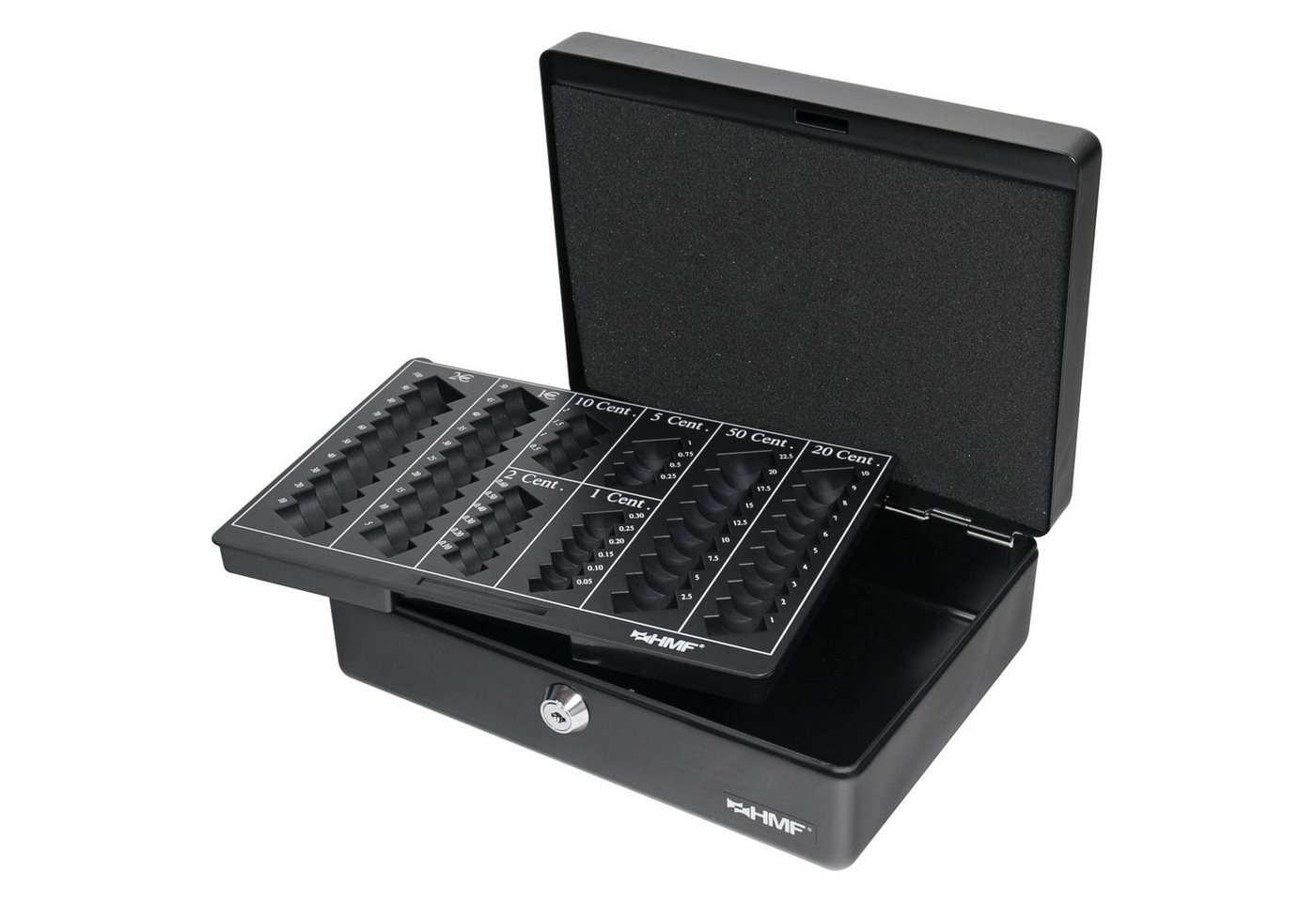 HMF Geldkassette Abschließbare Bargeldkasse mit Euro-Münzzählbrett, hochwertige Geldbox mit Schlüssel, 25 x 18 x 9 cm, schwarz – Bild 3 von 5