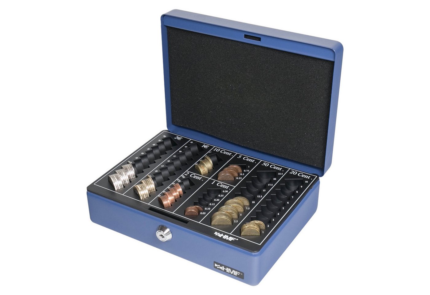 HMF Geldkassette Abschließbare Bargeldkasse mit Euro-Münzzählbrett, hochwertige Geldbox mit Schlüssel, 25 x 18 x 9 cm, blau – Bild 3 von 5