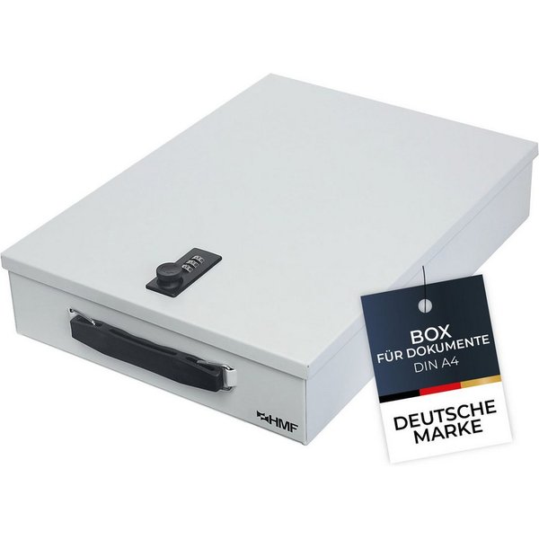 HMF Geldkassette Abschließbare Dokumentenkassette mit Zahlenschloss, DIN A4 Dokumente, Dokumentenbox 37,5 x 26,5 x 8 cm, Lichtgrau