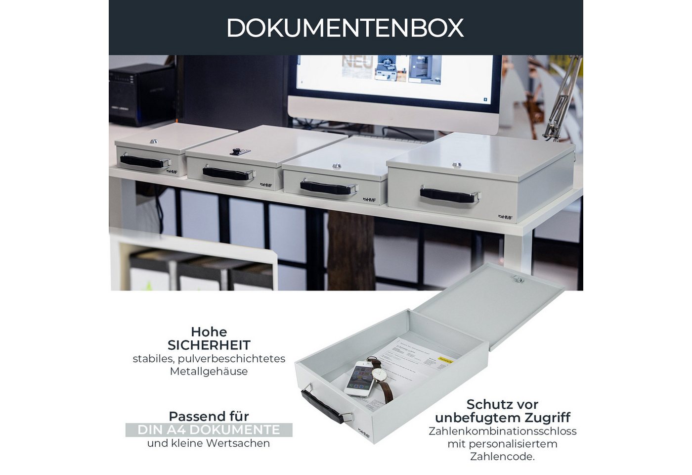 HMF Geldkassette Abschließbare Dokumentenkassette mit Zahlenschloss, DIN A4 Dokumente, Dokumentenbox 37,5 x 26,5 x 8 cm, Lichtgrau – Bild 2 von 5