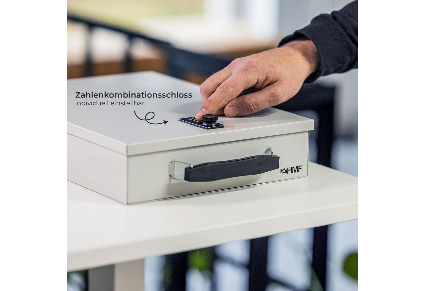 HMF Geldkassette Abschließbare Dokumentenkassette mit Zahlenschloss, DIN A4 Dokumente, Dokumentenbox 37,5 x 26,5 x 8 cm, Lichtgrau – Bild 4 von 5