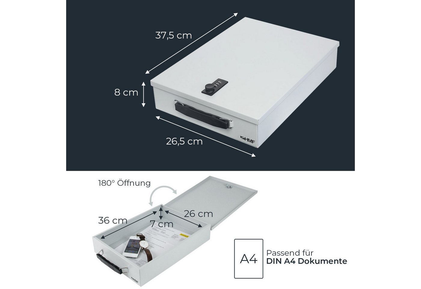 HMF Geldkassette Abschließbare Dokumentenkassette mit Zahlenschloss, DIN A4 Dokumente, Dokumentenbox 37,5 x 26,5 x 8 cm, Lichtgrau – Bild 5 von 5