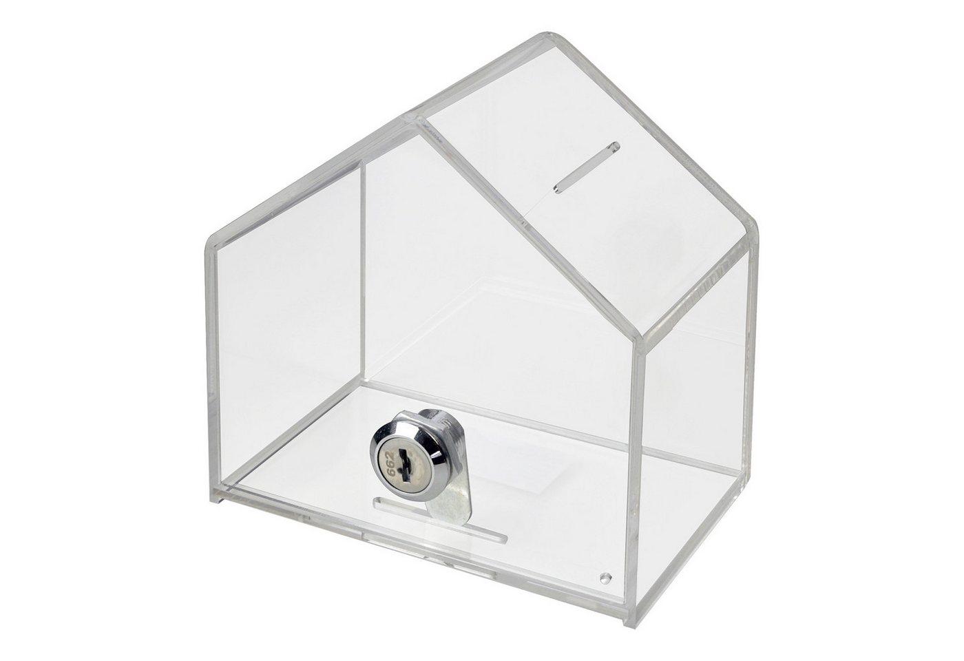 HMF Geldkassette Acryl Spendenbox, abschließbares, Spendenhaus mit Schloss, 13,8 x 12,5 x 9 cm, transparent – Bild 2 von 5