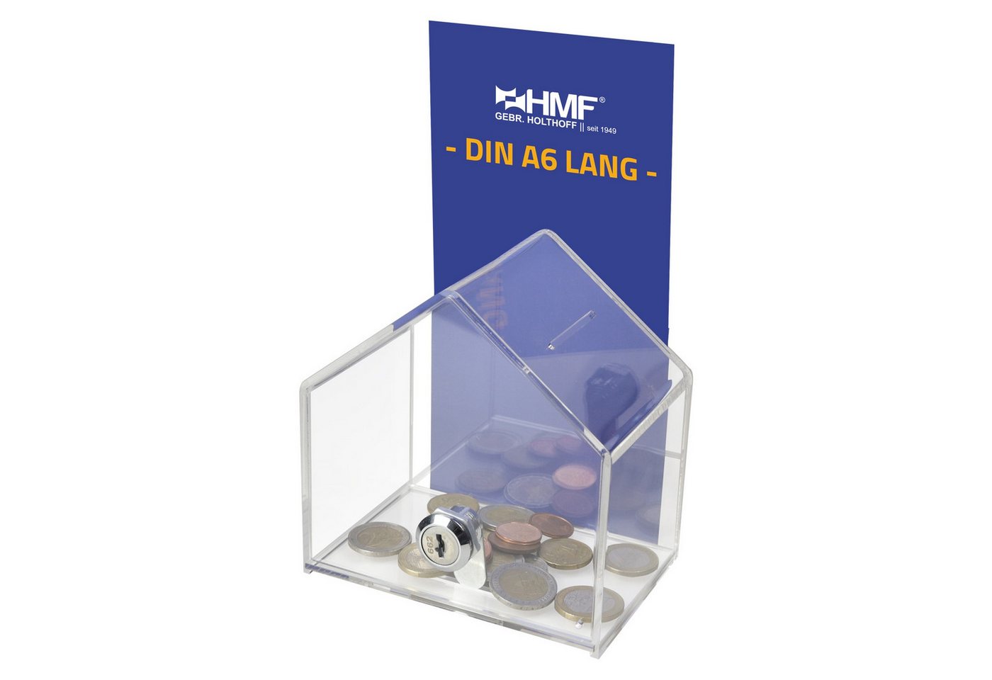 HMF Geldkassette Acryl Spendenbox, abschließbares, Spendenhaus mit Schloss, 13,8 x 12,5 x 9 cm, transparent – Bild 3 von 5