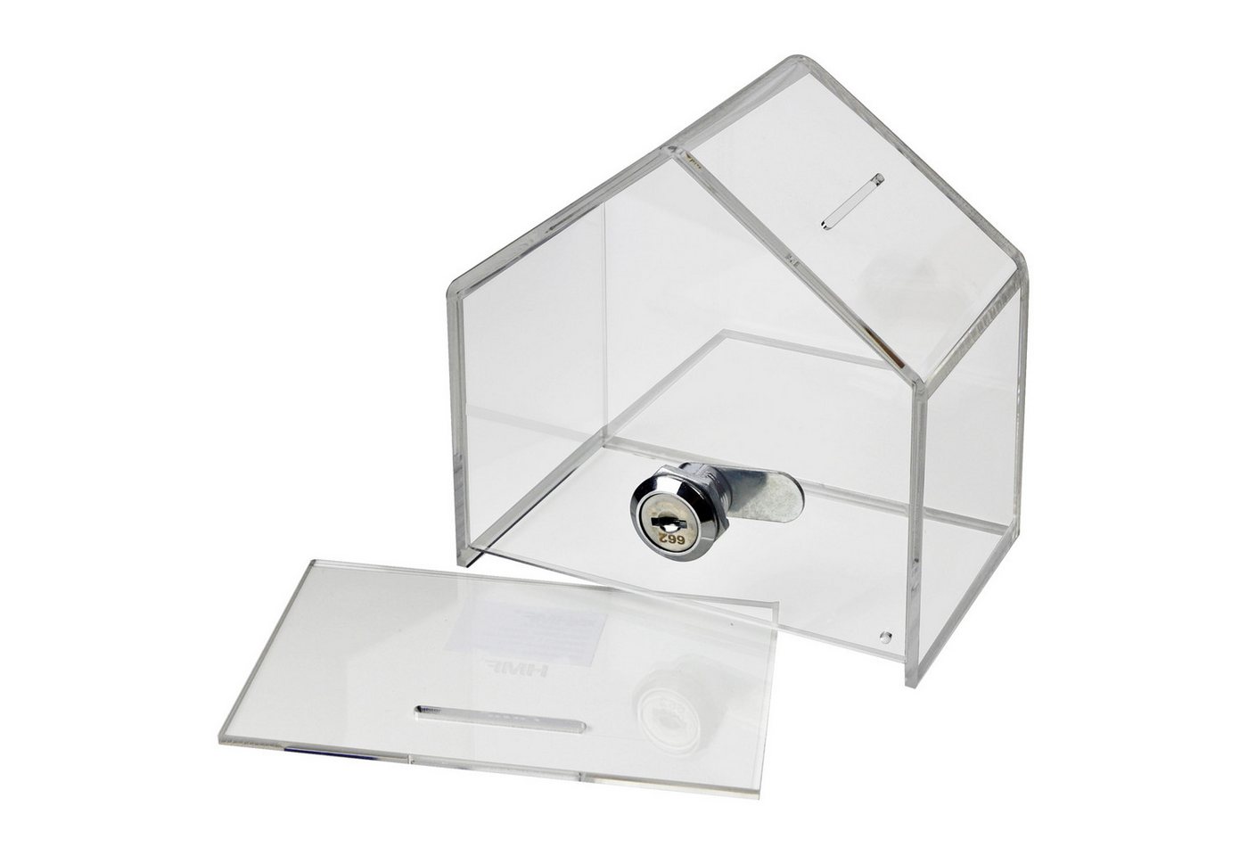 HMF Geldkassette Acryl Spendenbox, abschließbares, Spendenhaus mit Schloss, 13,8 x 12,5 x 9 cm, transparent – Bild 5 von 5