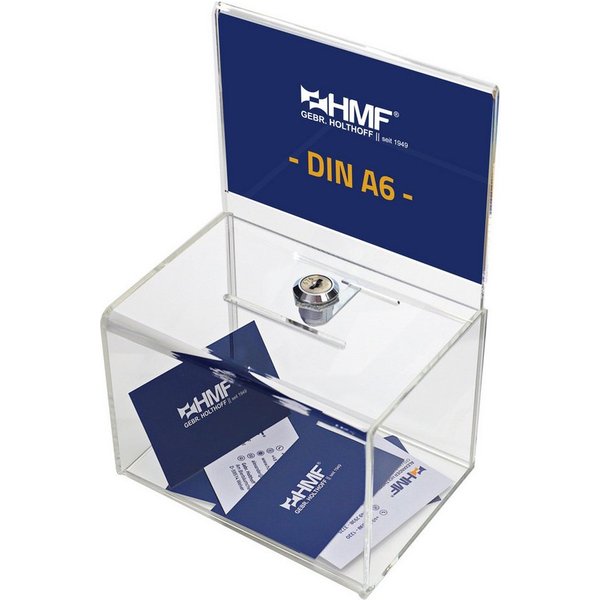 HMF Geldkassette Acryl Spendenbox, abschließbare Box, mit DIN A6 Blatteinschub 15,5 x 11 x 11 cm, transparent
