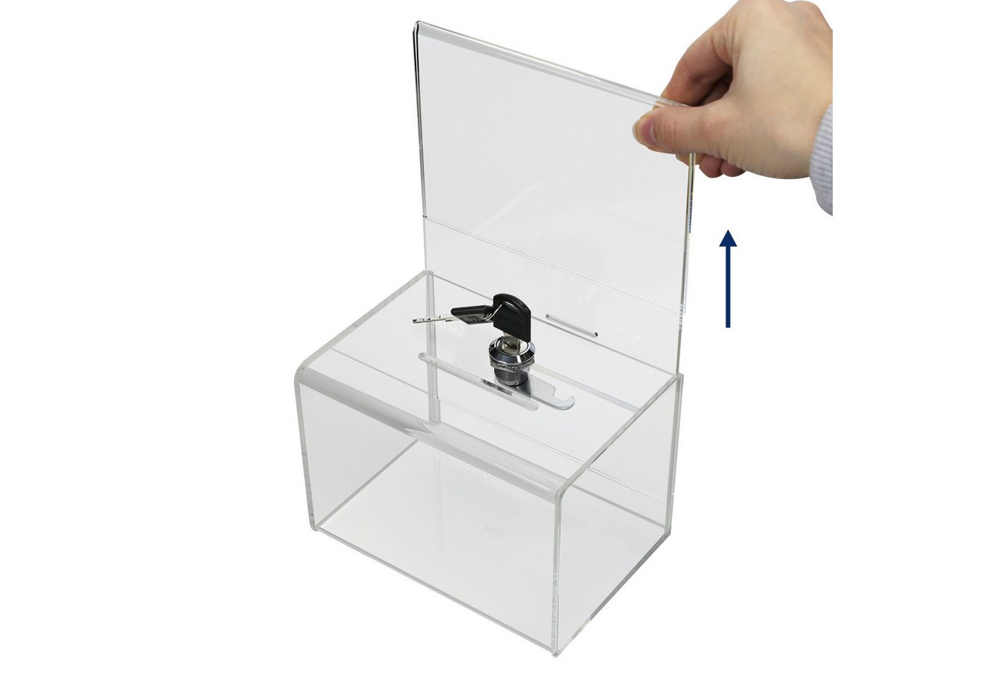 HMF Geldkassette Acryl Spendenbox, abschließbare Box, mit DIN A6 Blatteinschub 15,5 x 11 x 11 cm, transparent – Bild 3 von 5