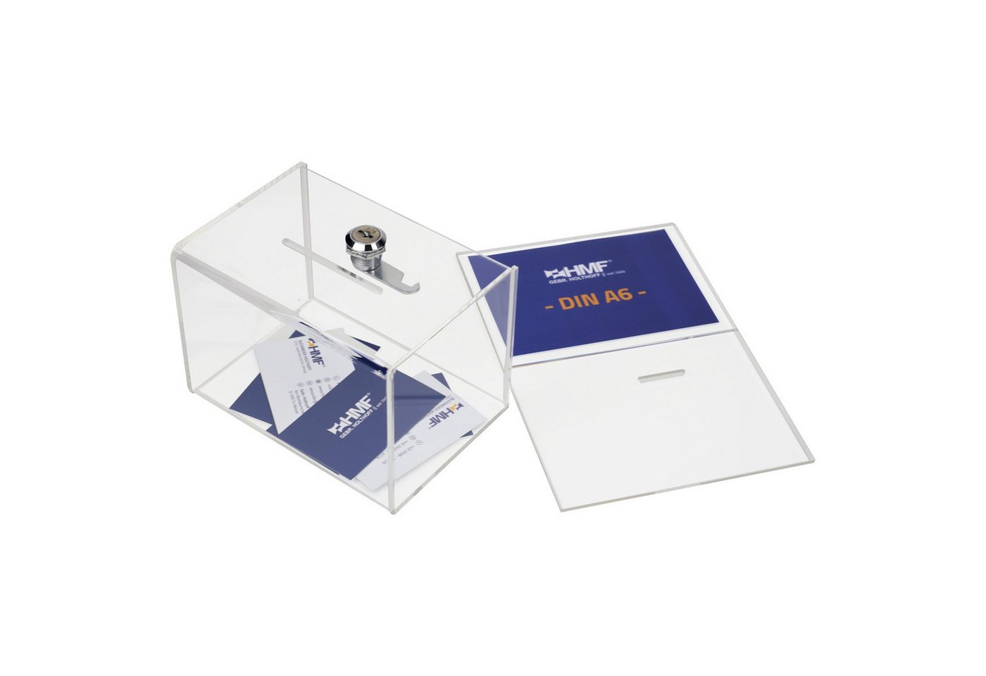 HMF Geldkassette Acryl Spendenbox, abschließbare Box, mit DIN A6 Blatteinschub 15,5 x 11 x 11 cm, transparent – Bild 5 von 5