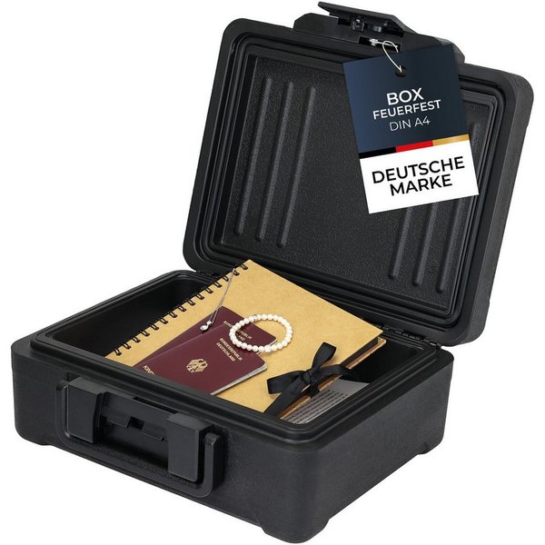 HMF Geldkassette Feuerfeste Dokumentenbox DIN A4 wasserdichte Geldkassette abschließbar, Dokumentensafe 36,5 x 32 x 15,5 cm, Schwarz