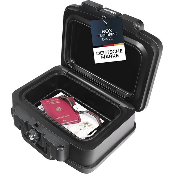 HMF Geldkassette Feuerfeste und wasserdichte Dokumentenkassette, Tresor zum Schutz von Wertsachen, 38,5x16,5x32,5 cm, DIN A5, schwarz