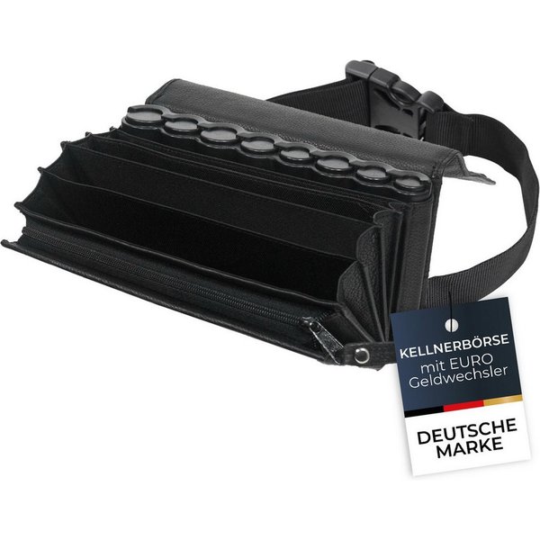 HMF Kellnerbörse Kellner Geldbörse aus Leder mit verstellbarem Gürtel, Kellnertasche (inkl. Hüftgurt mit Clipverschluss), Euro-Geldwechsler und Reißverschlussfa