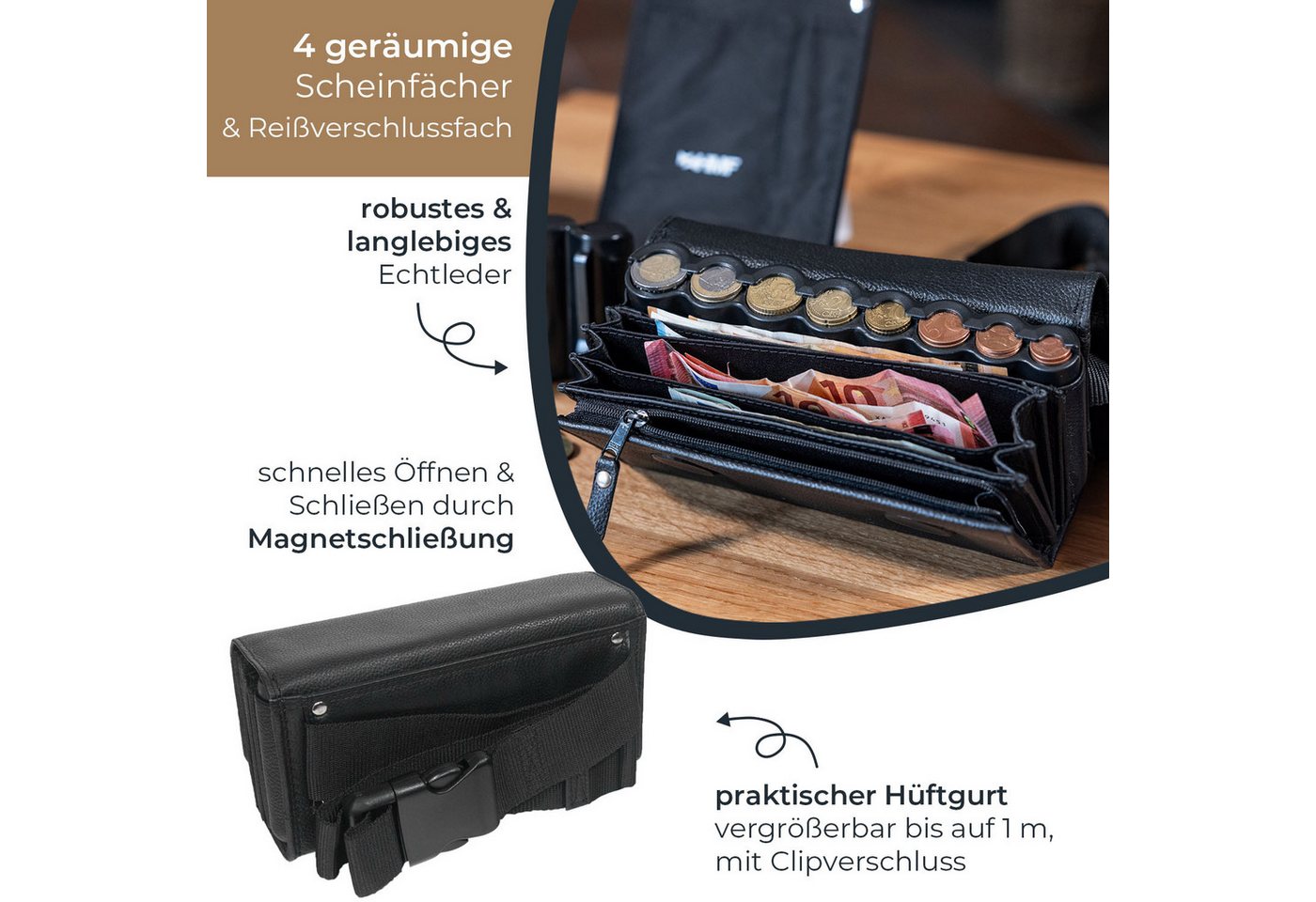 HMF Kellnerbörse Kellner Geldbörse aus Leder mit verstellbarem Gürtel, Kellnertasche (inkl. Hüftgurt mit Clipverschluss), Euro-Geldwechsler und Reißverschlussfa – Bild 4 von 5