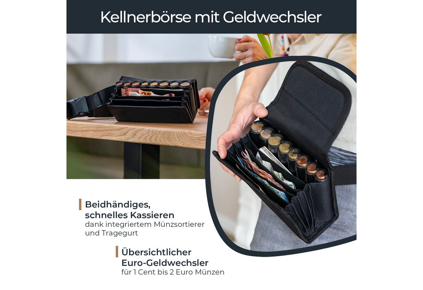 HMF Kellnerbörse Kellner Geldbörse mit verstellbarem Gürtel, Kellnertasche (inkl. Hüftgurt mit Clipverschluss), mit Euro-Geldwechsler, 20,5 x 10 x 6,5 cm, Schwa – Bild 2 von 5