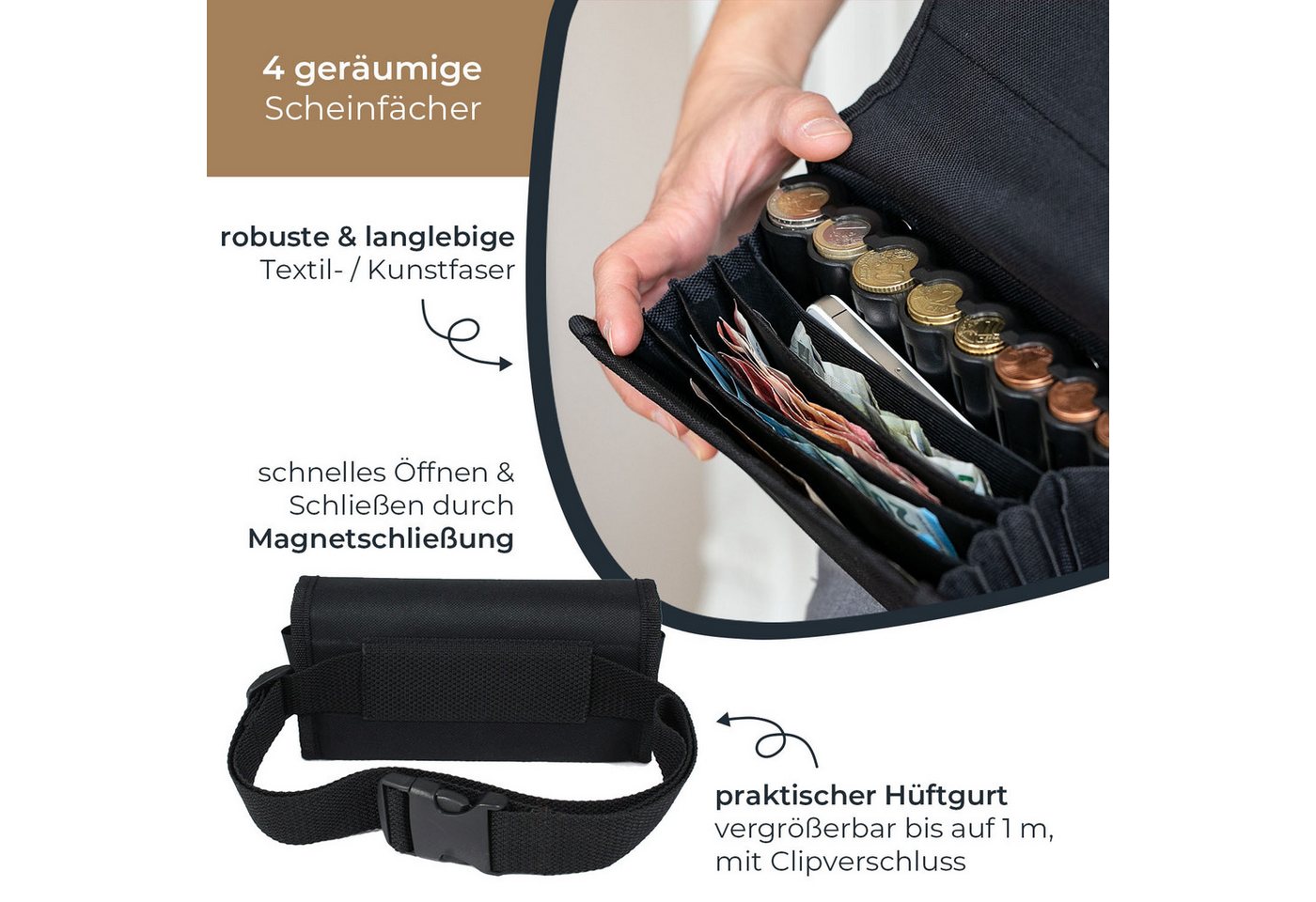 HMF Kellnerbörse Kellner Geldbörse mit verstellbarem Gürtel, Kellnertasche (inkl. Hüftgurt mit Clipverschluss), mit Euro-Geldwechsler, 20,5 x 10 x 6,5 cm, Schwa – Bild 4 von 5