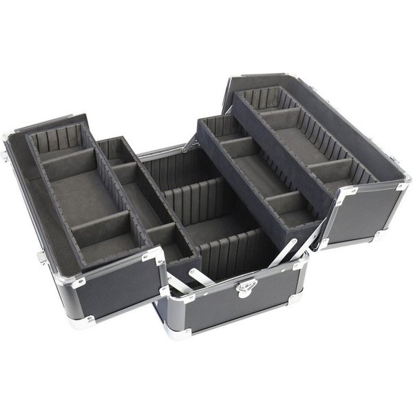 HMF Kosmetikkoffer Alu Kosmetikkoffer mit Ziehharmonikasystem, verstellbare Trennwände (inkl. Schultergurt), Schminkkoffer leer, 33 x 22,5 x 24 cm, Schwarz