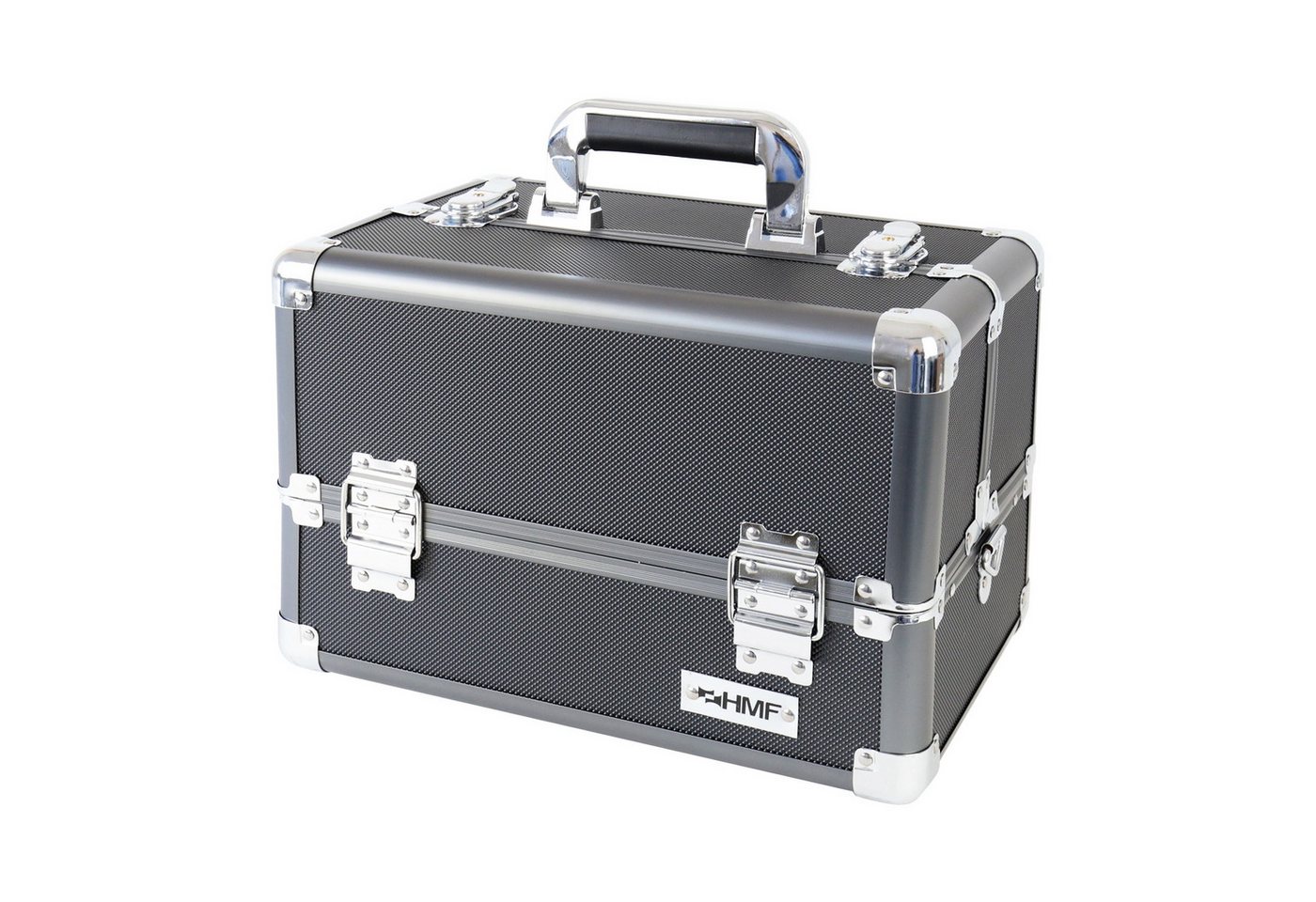 HMF Kosmetikkoffer Alu Kosmetikkoffer mit Ziehharmonikasystem, verstellbare Trennwände (inkl. Schultergurt), Schminkkoffer leer, 33 x 22,5 x 24 cm, Schwarz – Bild 2 von 5