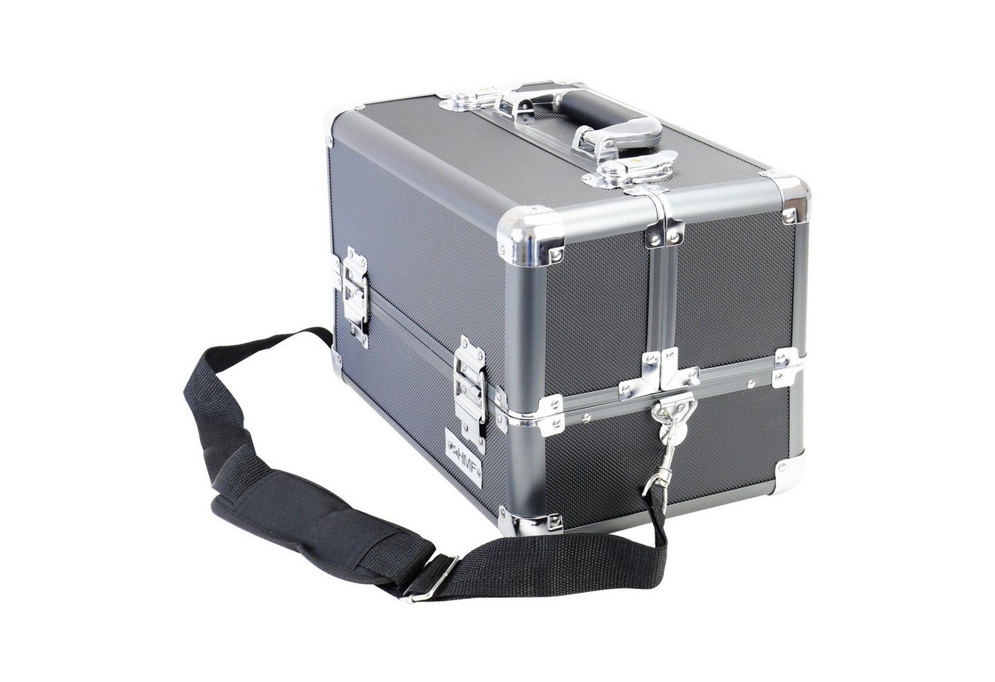 HMF Kosmetikkoffer Alu Kosmetikkoffer mit Ziehharmonikasystem, verstellbare Trennwände (inkl. Schultergurt), Schminkkoffer leer, 33 x 22,5 x 24 cm, Schwarz – Bild 4 von 5