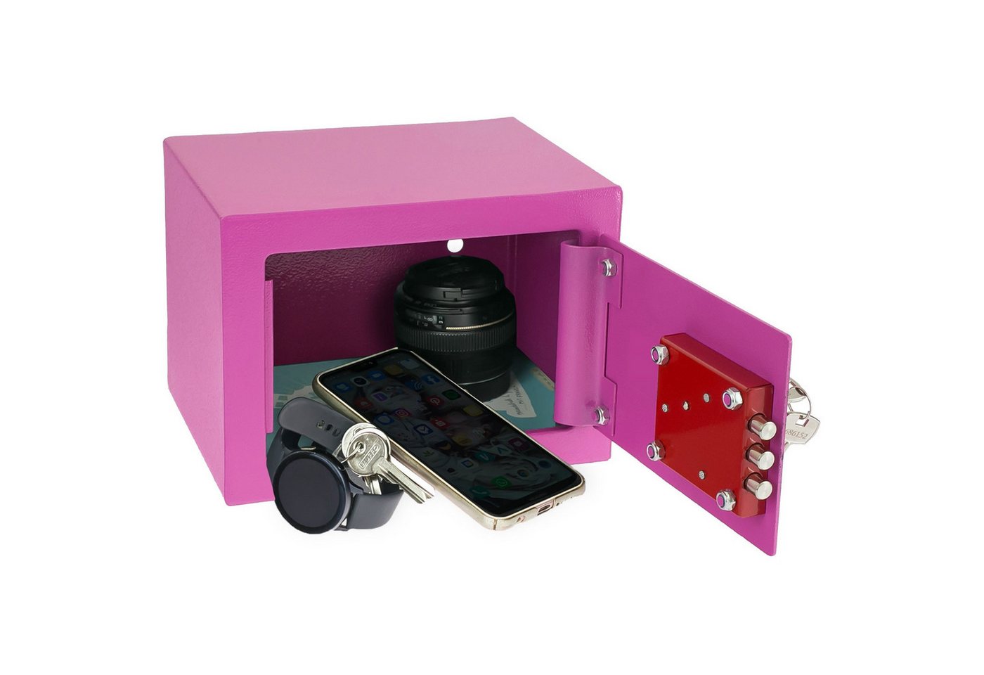 HMF Möbeltresor Safe Tresor klein mit Schlüssel, Schließfach mit Doppelbartschloss, 23 x 17 x 17 cm, pink – Bild 3 von 5