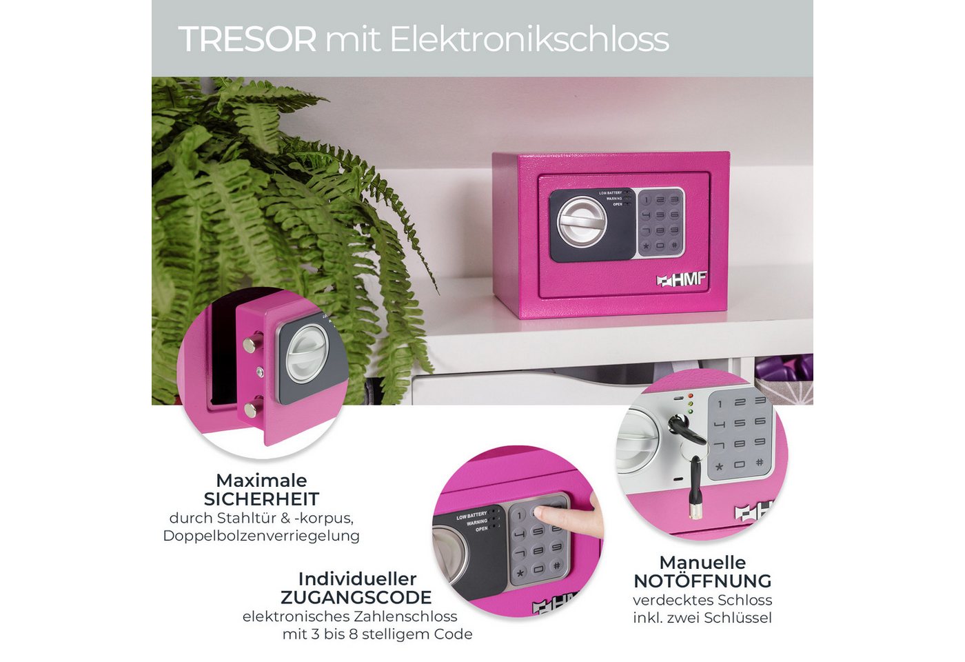 HMF Möbeltresor Tresor aus Stahl, Schließfach mit Elektronischem Schloss, 23 x 17 x 17 cm, pink – Bild 2 von 5