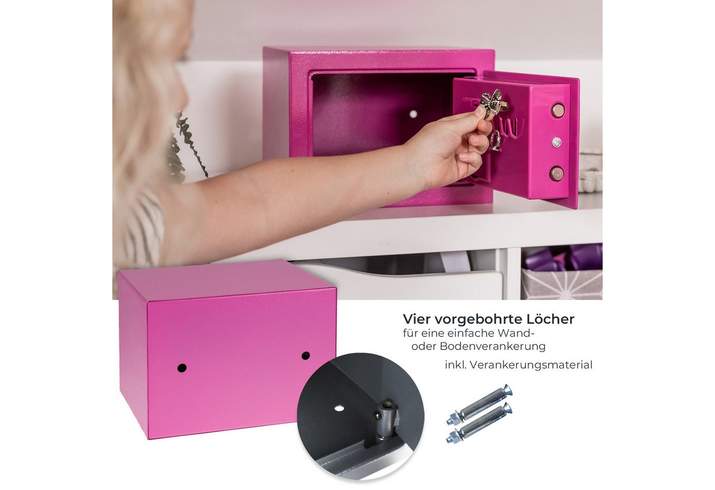 HMF Möbeltresor Tresor aus Stahl, Schließfach mit Elektronischem Schloss, 23 x 17 x 17 cm, pink – Bild 4 von 5