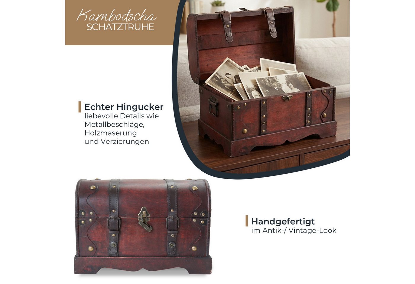 HMF Schatzkiste Schatztruhe aus Holz, große Schatzkiste, dekorativem Schloss für Kindergeburtstag, 40 x 23 x 27 cm, Kambodscha – Bild 2 von 5