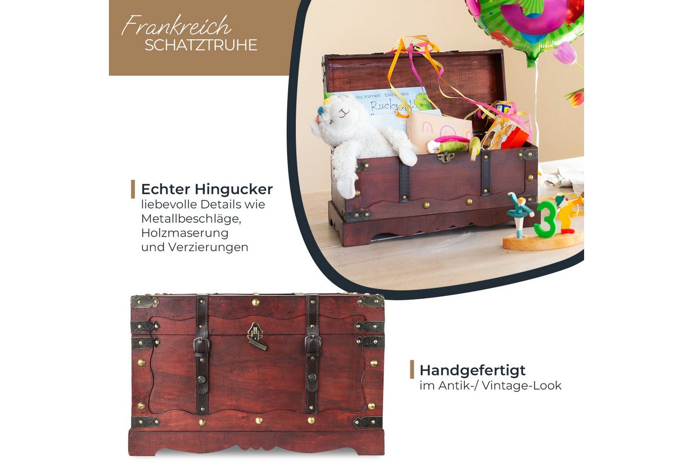 HMF Schatzkiste Schatztruhe aus Holz, große Schatzkiste mit (1 St), dekorativem Schloss für Kindergeburtstag, 60 x 35 x 38 cm, Frankreich – Bild 2 von 5