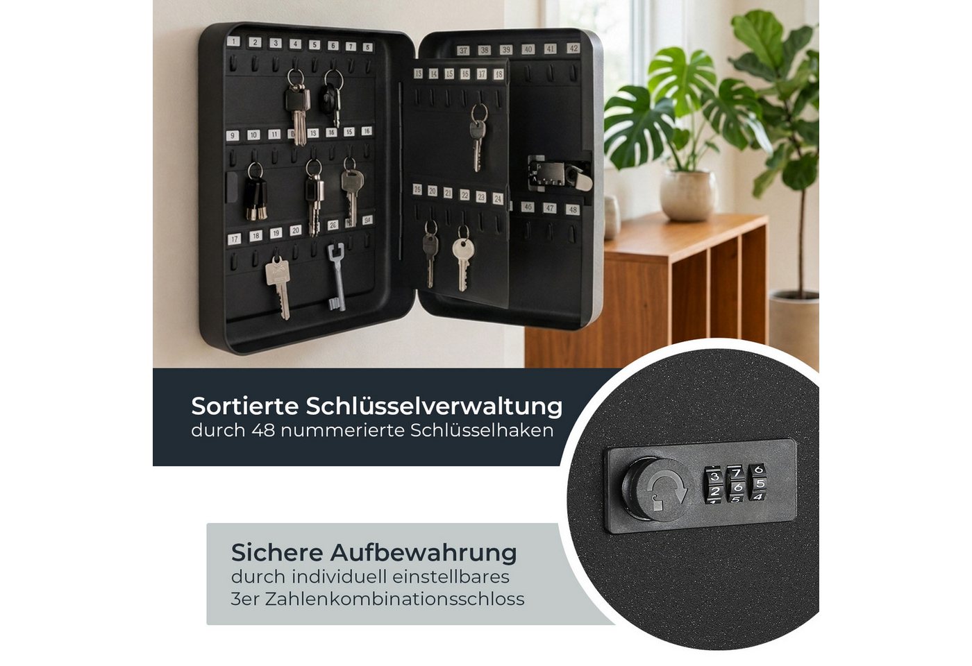 HMF Schlüsselkasten Schlüsselkasten mit 3er Zahlencode, 8 feste, nummerierte Hakenleisten, Schlüsselkasten 25 x 18 x 7 cm, Schwarz – Bild 2 von 5