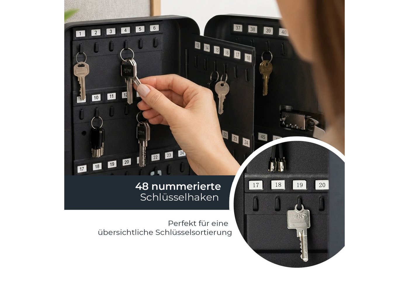 HMF Schlüsselkasten Schlüsselkasten mit 3er Zahlencode, 8 feste, nummerierte Hakenleisten, Schlüsselkasten 25 x 18 x 7 cm, Schwarz – Bild 3 von 5