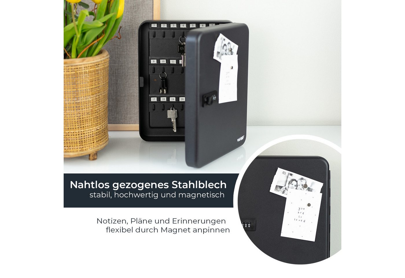 HMF Schlüsselkasten Schlüsselkasten mit 3er Zahlencode, 8 feste, nummerierte Hakenleisten, Schlüsselkasten 25 x 18 x 7 cm, Schwarz – Bild 4 von 5