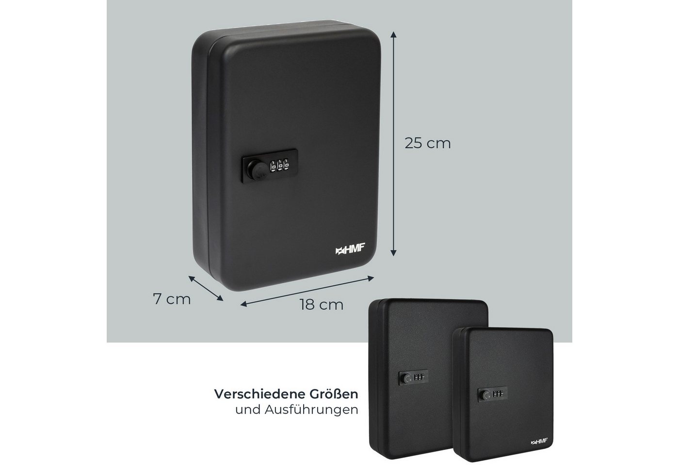 HMF Schlüsselkasten Schlüsselkasten mit 3er Zahlencode, 8 feste, nummerierte Hakenleisten, Schlüsselkasten 25 x 18 x 7 cm, Schwarz – Bild 5 von 5