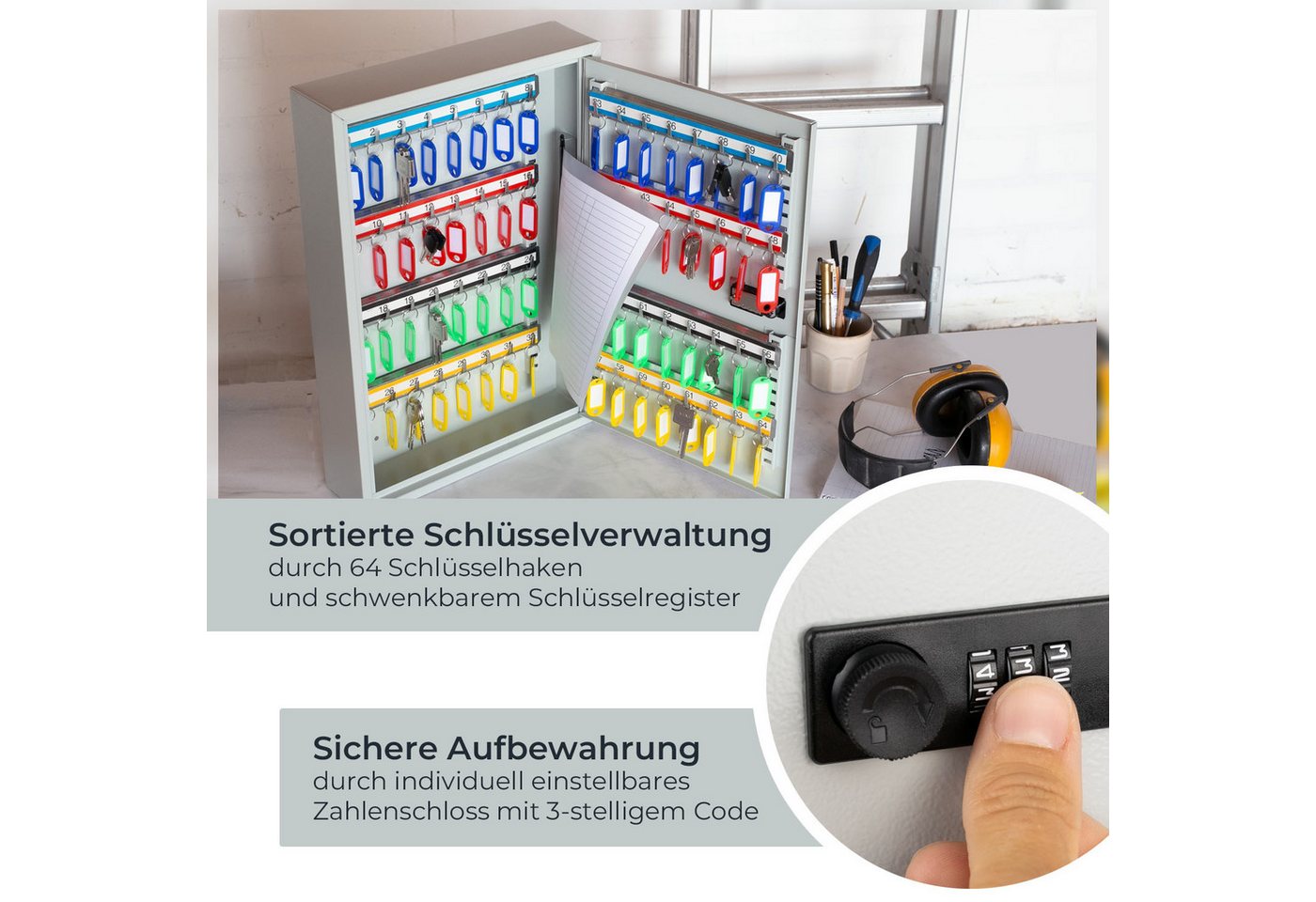 HMF Schlüsselkasten Schlüsselschrank mit Zahlencode, Schlüsselkasten mit 64 Haken (inkl. Schlüsselanhänger), verstellbare Hakenleisten, 45 x 30 x 8 cm, Lichtgra – Bild 2 von 5