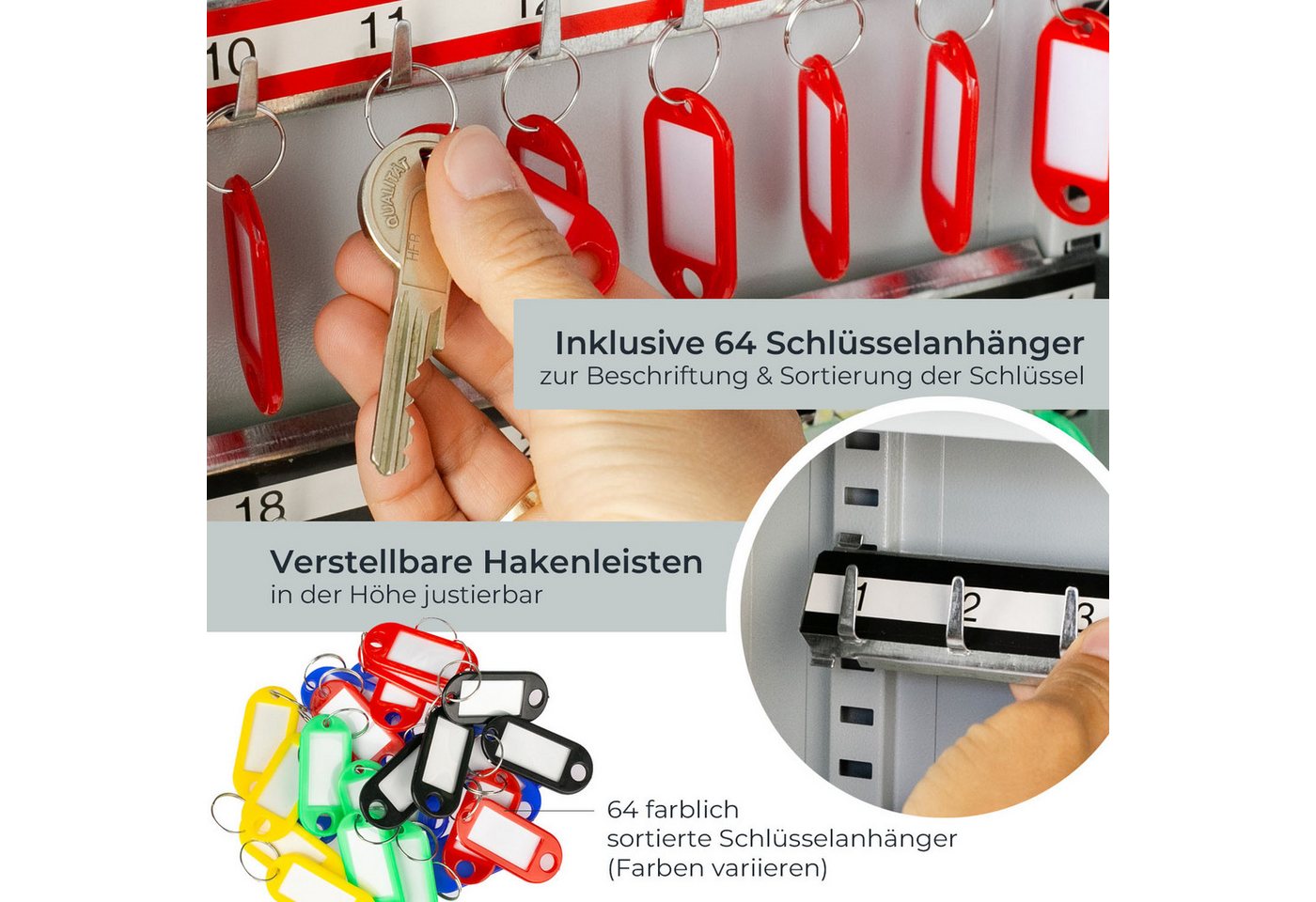 HMF Schlüsselkasten Schlüsselschrank mit Zahlencode, Schlüsselkasten mit 64 Haken (inkl. Schlüsselanhänger), verstellbare Hakenleisten, 45 x 30 x 8 cm, Lichtgra – Bild 3 von 5