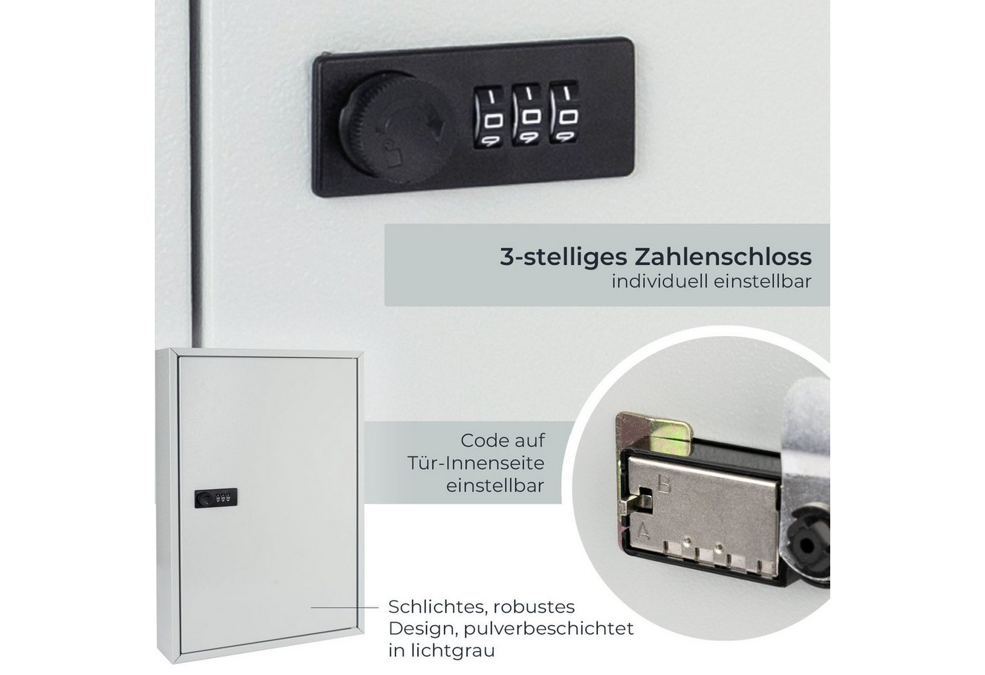 HMF Schlüsselkasten Schlüsselschrank mit Zahlencode, Schlüsselkasten mit 64 Haken (inkl. Schlüsselanhänger), verstellbare Hakenleisten, 45 x 30 x 8 cm, Lichtgra – Bild 4 von 5