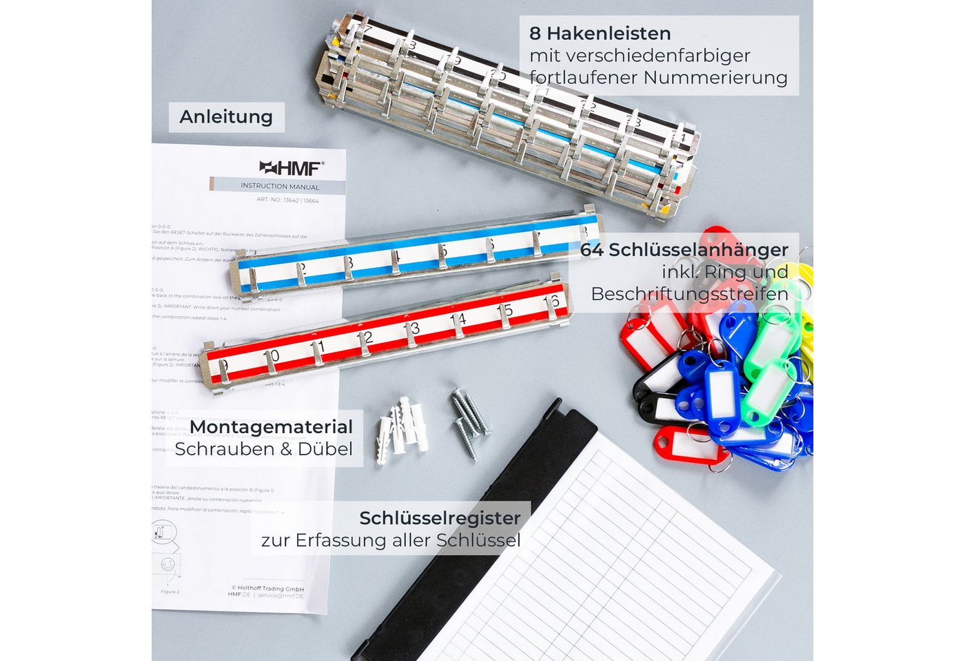 HMF Schlüsselkasten Schlüsselschrank mit Zahlencode, Schlüsselkasten mit 64 Haken (inkl. Schlüsselanhänger), verstellbare Hakenleisten, 45 x 30 x 8 cm, Lichtgra – Bild 5 von 5