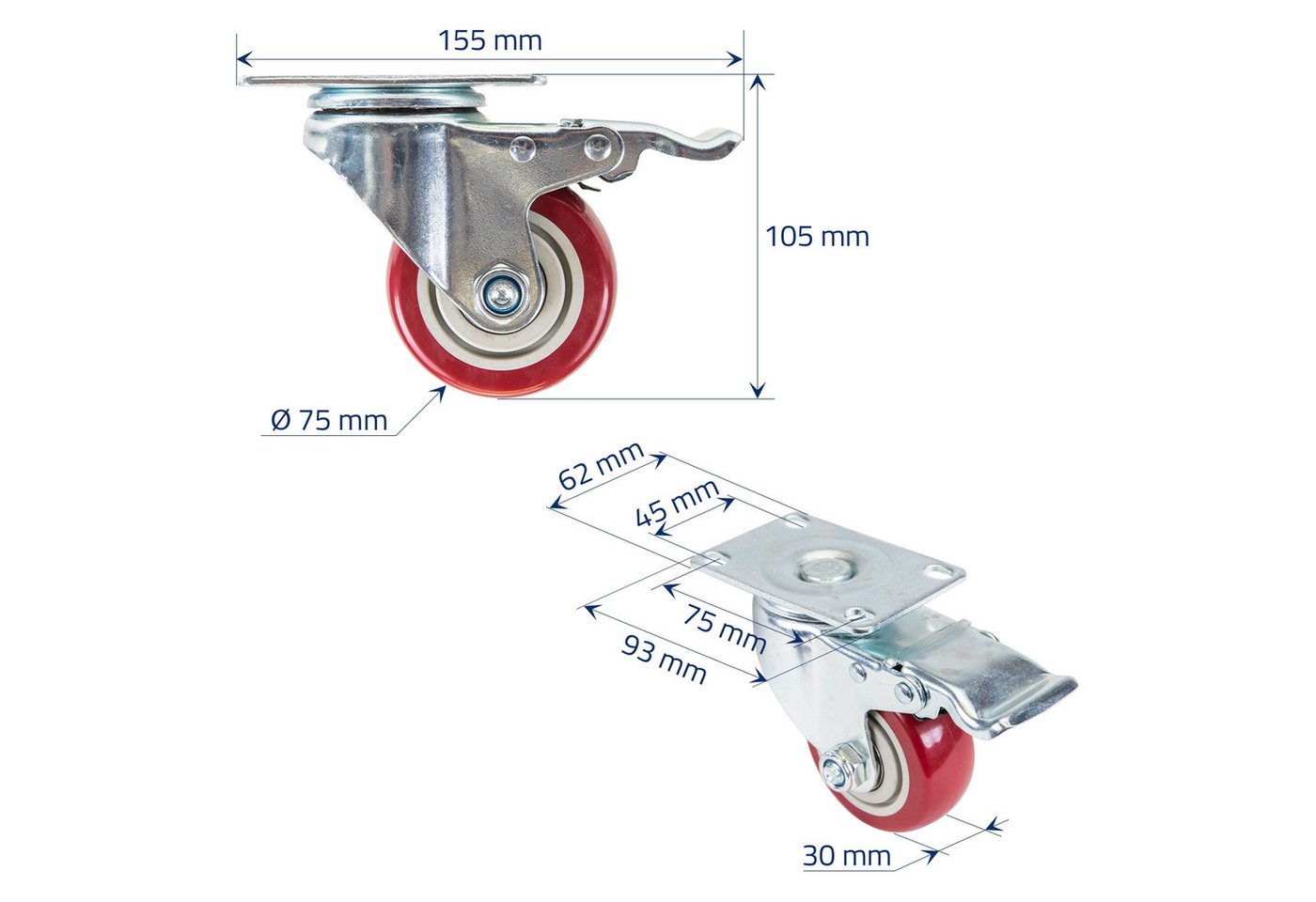 HMF Schwerlastrolle Transportrollen, Lenkrollen mit Bremse aus Polyurethan, (4 Stück, Set), 75 mm, bis 400 kg, 360°-Schwenkradius, Rot – Bild 2 von 5
