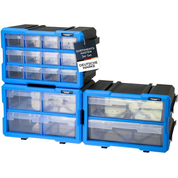 HMF Sortimentskasten Sortierbox für Kleinteile mit Schubladen, Sortimentskasten für (Set, 3 Boxen), Schrauben und Werkzeug, 36 Fächer, 29,5 x 19,5 x 16 cm, Blau