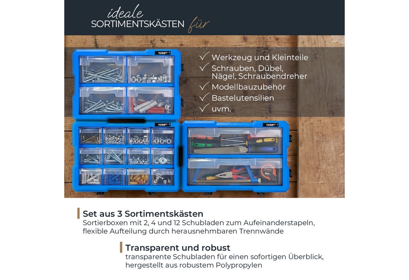 HMF Sortimentskasten Sortierbox für Kleinteile mit Schubladen, Sortimentskasten für (Set, 3 Boxen), Schrauben und Werkzeug, 36 Fächer, 29,5 x 19,5 x 16 cm, Blau – Bild 2 von 5