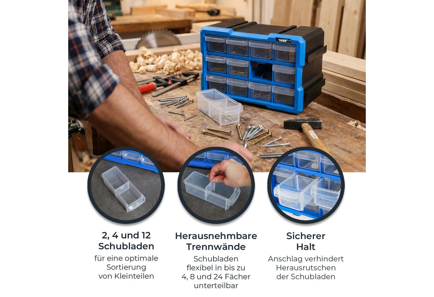 HMF Sortimentskasten Sortierbox für Kleinteile mit Schubladen, Sortimentskasten für (Set, 3 Boxen), Schrauben und Werkzeug, 36 Fächer, 29,5 x 19,5 x 16 cm, Blau – Bild 3 von 5