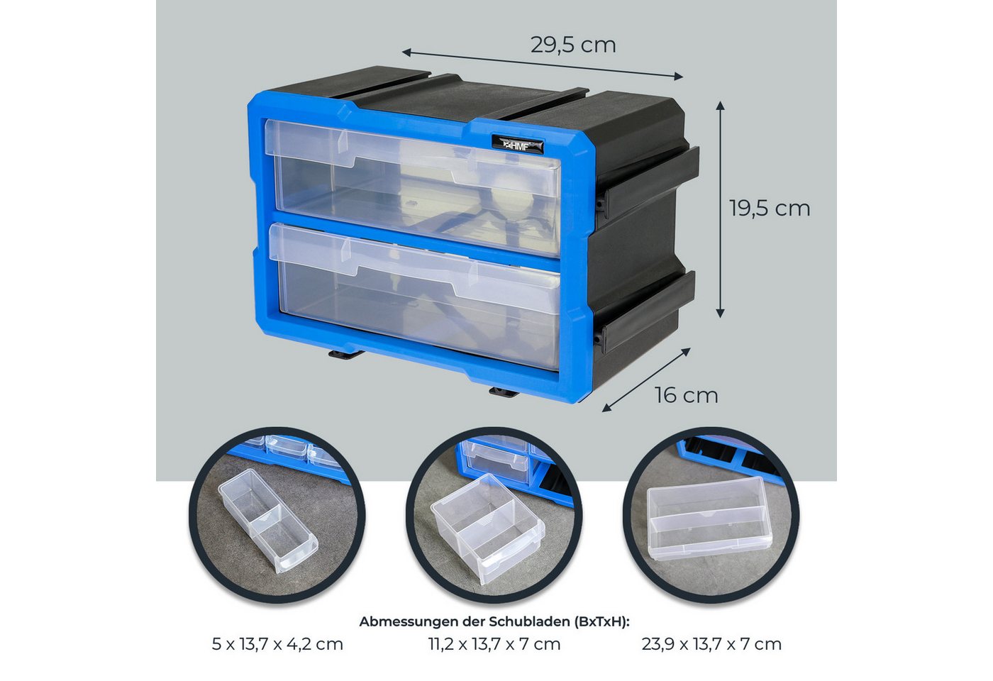 HMF Sortimentskasten Sortierbox für Kleinteile mit Schubladen, Sortimentskasten für (Set, 3 Boxen), Schrauben und Werkzeug, 36 Fächer, 29,5 x 19,5 x 16 cm, Blau – Bild 5 von 5
