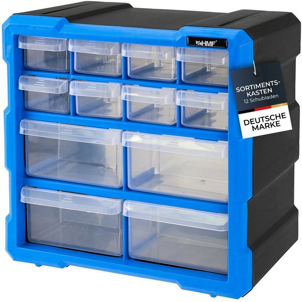 HMF Sortimentskasten Sortierbox für Kleinteile mit 12 Schubladen, Sortimentskasten für, Schrauben und Werkzeug, 24 Fächer, 26,5 x 26,5 x 16 cm, Blau-Schwarz