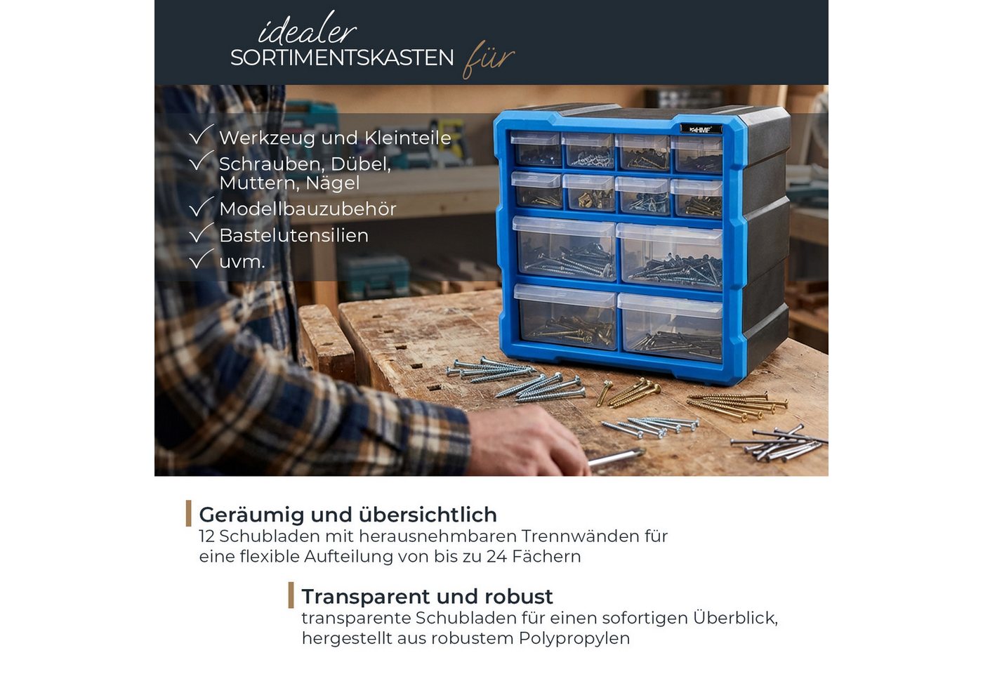HMF Sortimentskasten Sortierbox für Kleinteile mit 12 Schubladen, Sortimentskasten für, Schrauben und Werkzeug, 24 Fächer, 26,5 x 26,5 x 16 cm, Blau-Schwarz – Bild 2 von 5