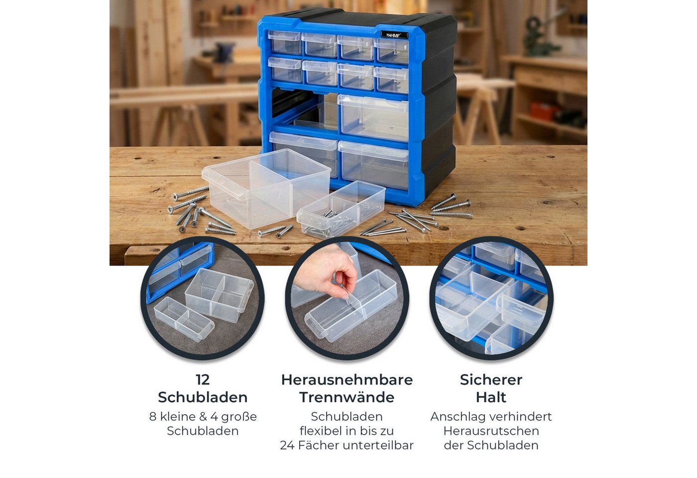 HMF Sortimentskasten Sortierbox für Kleinteile mit 12 Schubladen, Sortimentskasten für, Schrauben und Werkzeug, 24 Fächer, 26,5 x 26,5 x 16 cm, Blau-Schwarz – Bild 3 von 5