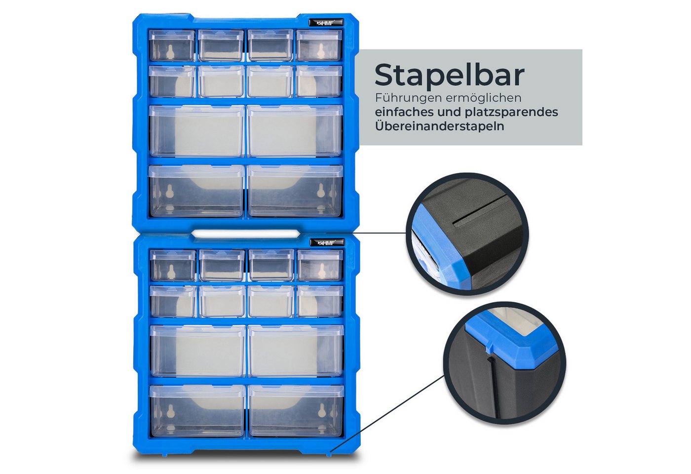 HMF Sortimentskasten Sortierbox für Kleinteile mit 12 Schubladen, Sortimentskasten für, Schrauben und Werkzeug, 24 Fächer, 26,5 x 26,5 x 16 cm, Blau-Schwarz – Bild 4 von 5