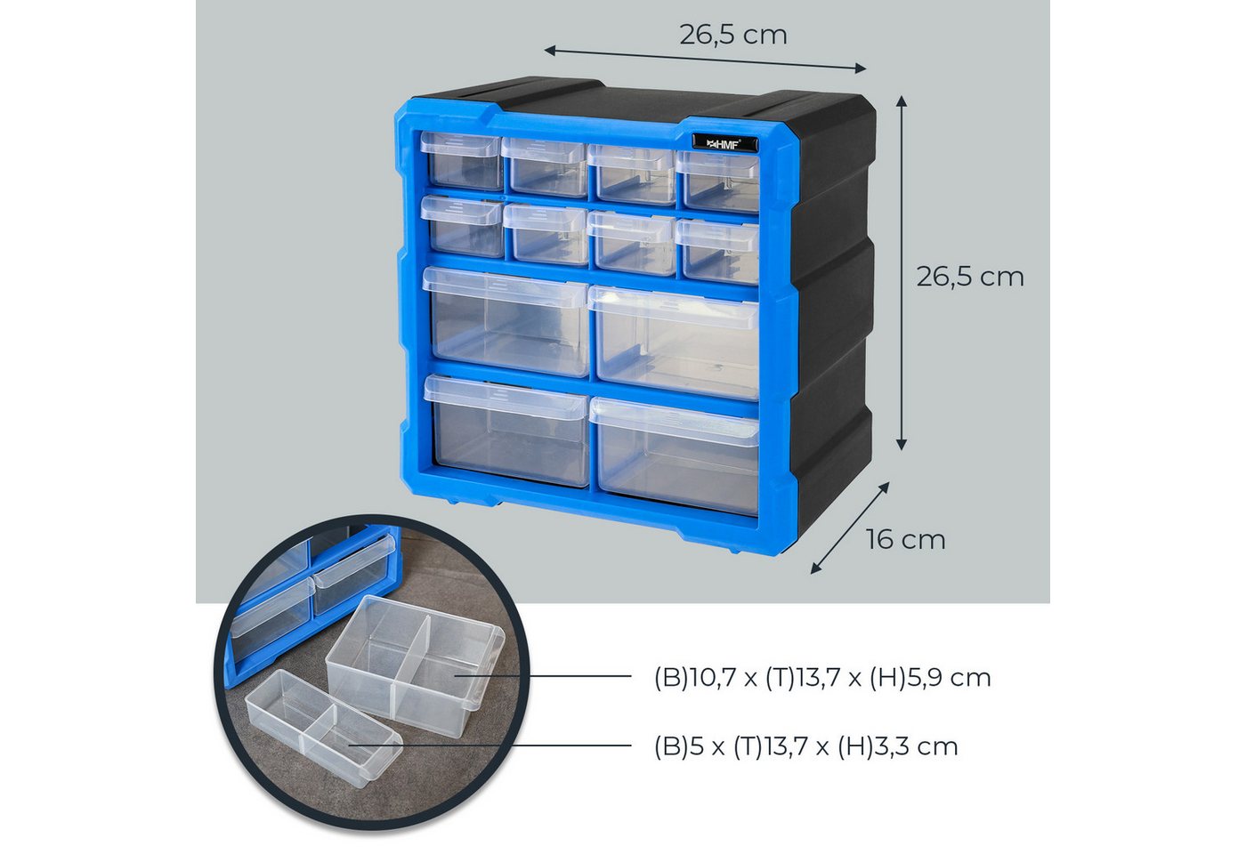 HMF Sortimentskasten Sortierbox für Kleinteile mit 12 Schubladen, Sortimentskasten für, Schrauben und Werkzeug, 24 Fächer, 26,5 x 26,5 x 16 cm, Blau-Schwarz – Bild 5 von 5
