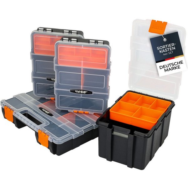 HMF Sortimentskasten Sortierbox leer, Sortimentskasten für Werkzeug und Kleinteile (Set, 4 Boxen), 49 Fächer, transparenter Deckel, Schwarz-Orange