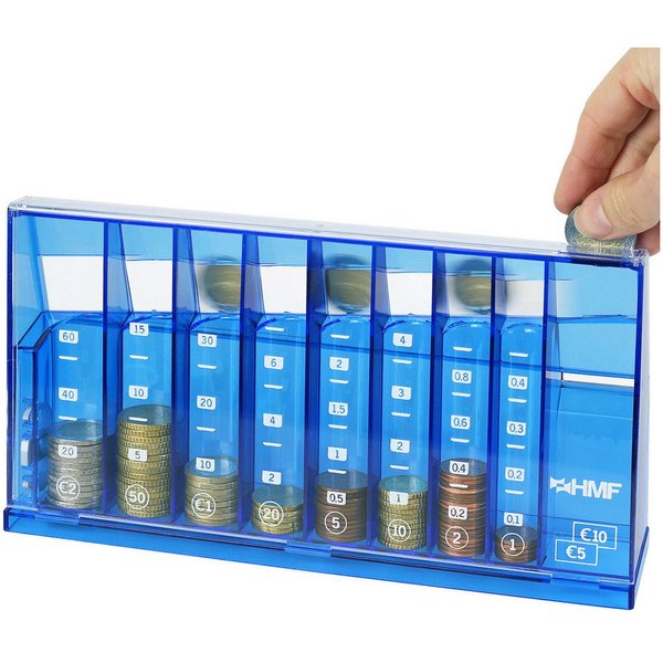 HMF Spardose Münzzähler mit automatischer Sortierung zur Kleingeld Aufbewahrung, Münzsortierer mit Werteskala als Spardose Kinder, 24 x 12 x 5 cm, Blau